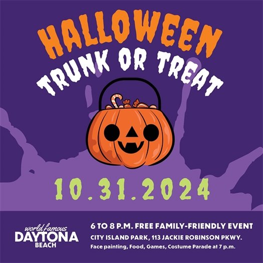 Trunk or Treat Promotional Graphic - October 31, 2024 from 6-8 p.m. Family friendly event at City Island Park