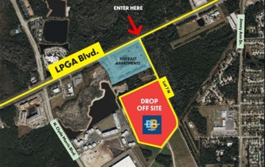 Map showing drop off site. Lot 7, near the corner of LPGA Blvd. and N. Clyde Morris Blvd.