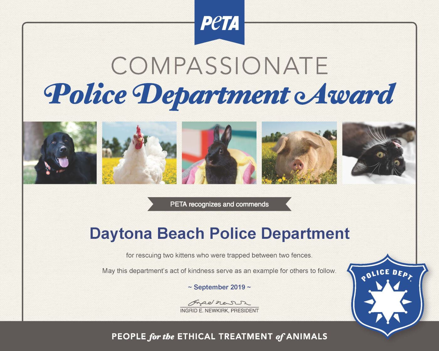 PETA Daytona Beach Police Department Award - Hurricane Dorian kittens rescued by Bissa and Gibbins